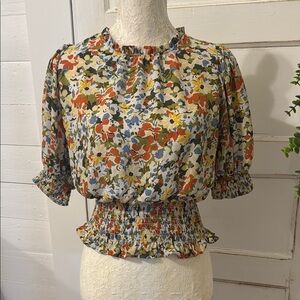 Womens Large Floral Puff Sleeves Fitted Elastic Waist Ruffle Sienna Sky